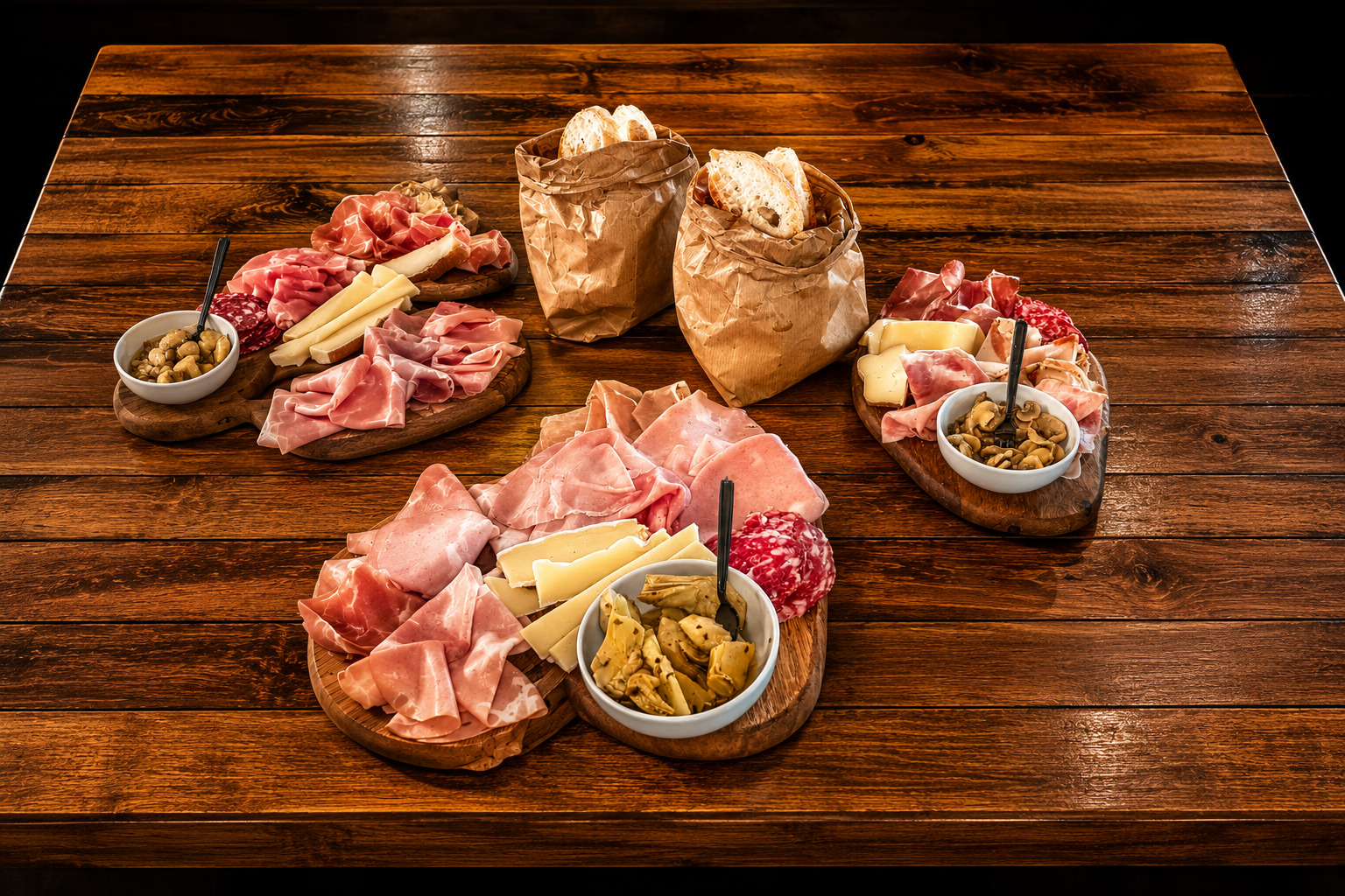 Tavolo in legno rustico con abbondanti taglieri di salumi misti, formaggi, verdure marinate e pane fresco.